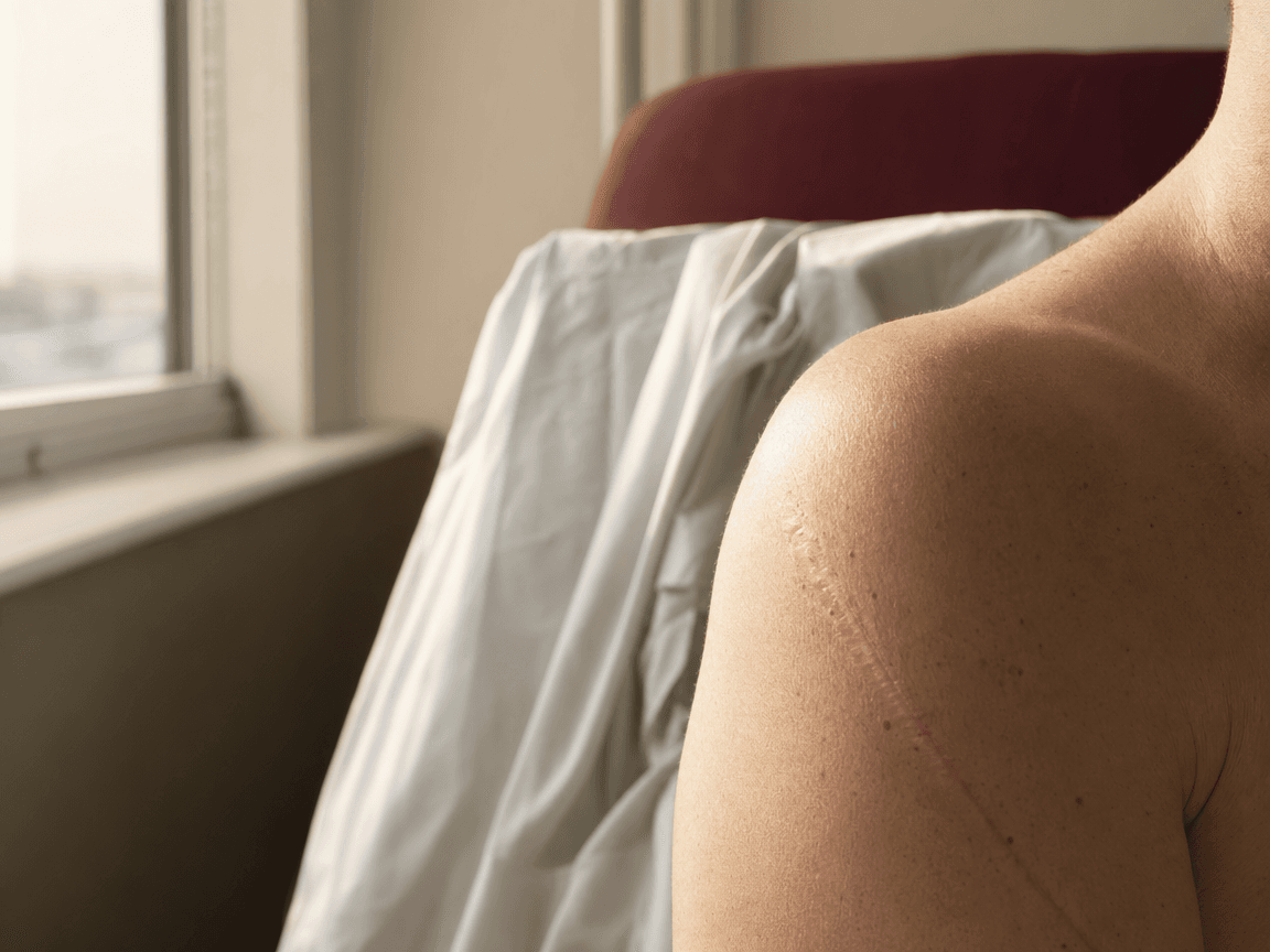 Une cicatrice rosée sur une épaule nue, à contre-jour dans la lumière oblique d'une fenêtre d'hôpital, le tissu de la blouse chirurgicale froissé en arrière-plan.
