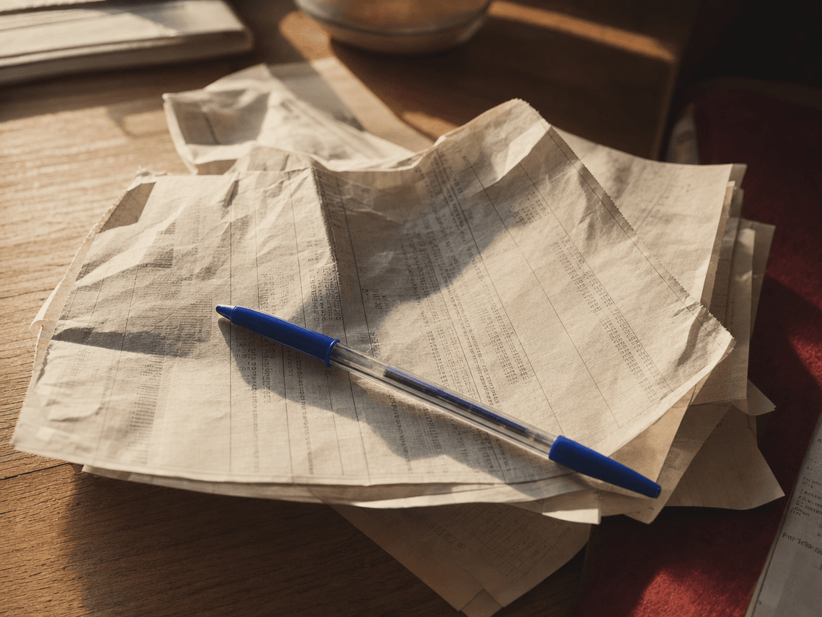 Une liasse de fiches de paie froissées posée sur un bureau en bois, éclairée par la lumière oblique d'une fin d'après-midi, un stylo bic bleu abandonné en travers.