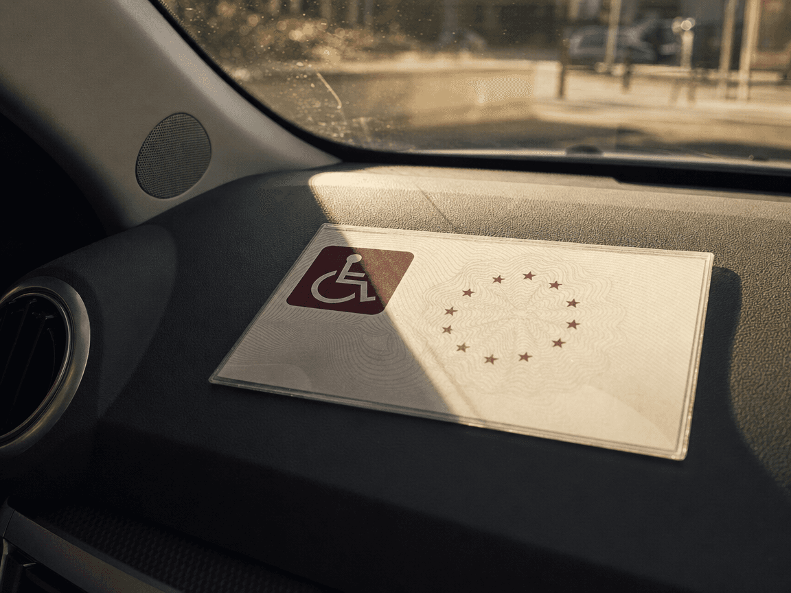 Une carte d'invalidité plastifiée posée sur le tableau de bord d'une voiture, captée en légère contre-plongée depuis le siège passager, la lumière de fin d'après-midi traversant le pare-brise et découpant un rectangle doré sur le document officiel.
