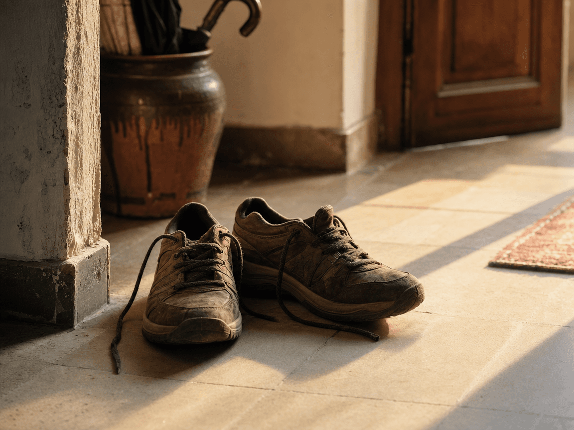 Une paire de chaussures de marche usées, lacets défaits, posée sur le carrelage froid d'une entrée baignée de lumière matinale rasante.
