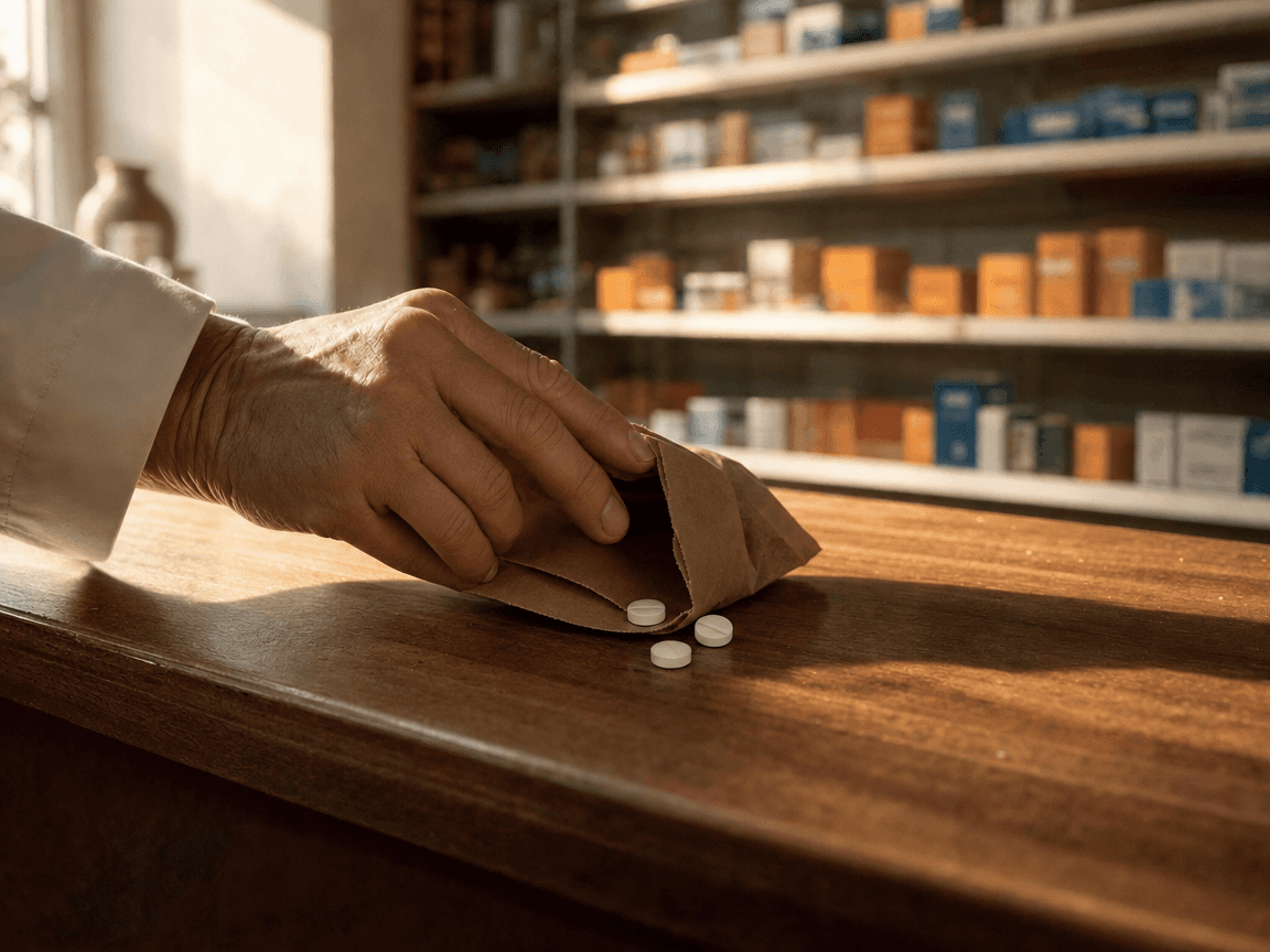 Une main posée sur le comptoir en bois d'une officine plonge dans un petit sachet kraft froissé d'où s'échappent trois comprimés blancs, tandis qu'en arrière-plan, floutées dans la lumière dorée du matin, des rangées de boîtes orange et bleues s'alignent à perte de vue.