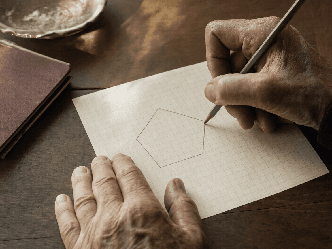 Une feuille de papier quadrillé posée sur une table en bois, sur laquelle une main âgée trace lentement un pentagone au crayon gris, dans la lumière oblique d'une fin d'après-midi.
