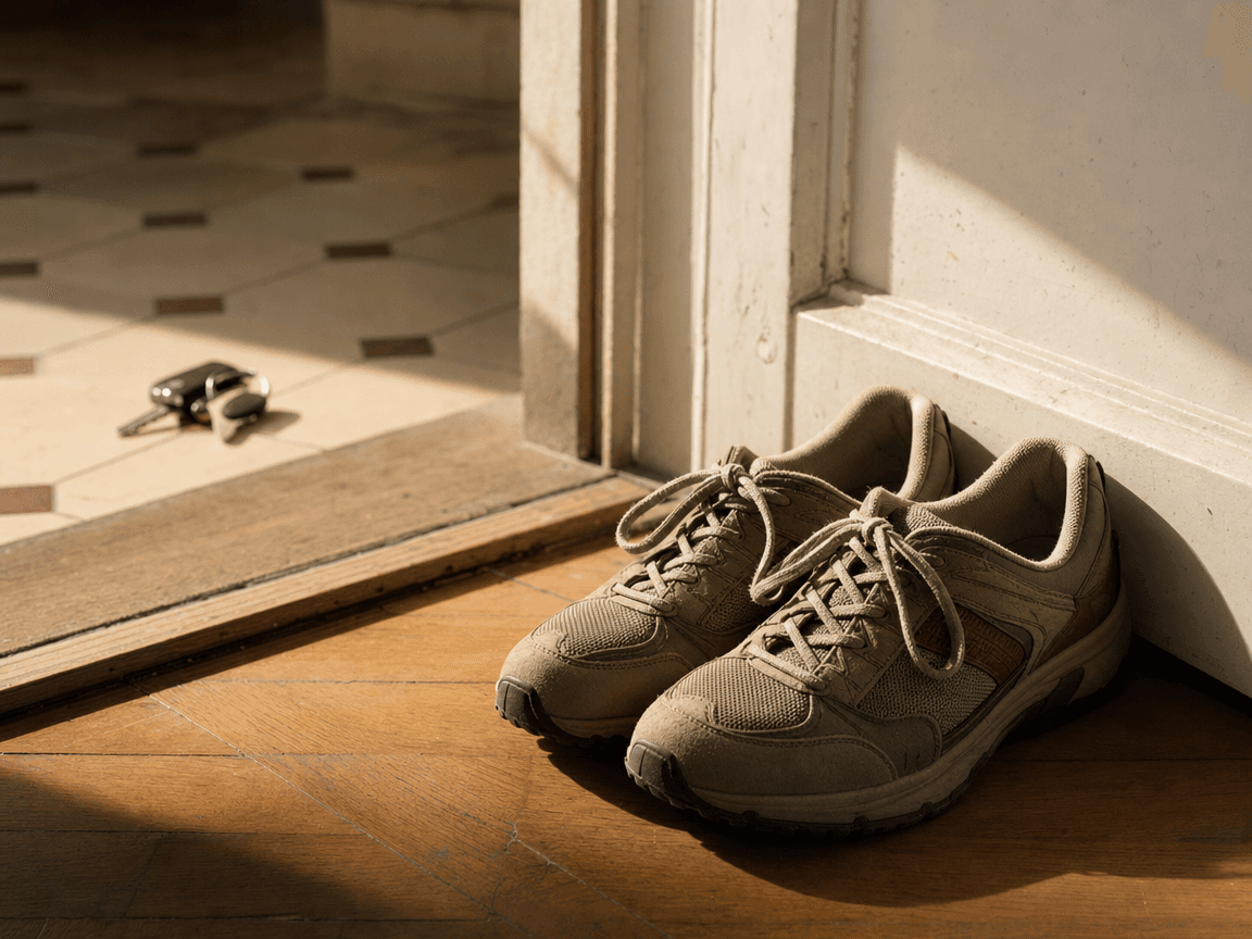 Une paire de chaussures de marche posée sur le seuil d'une porte entrouverte, lumière de fin d'après-midi rasant le parquet, clés de voiture floues à l'arrière-plan.