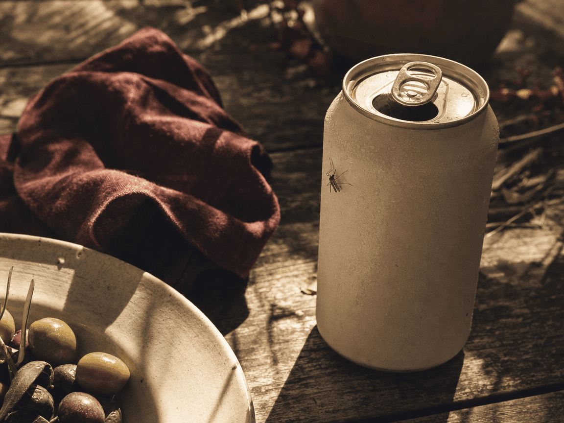 Une canette de bière entrouverte posée sur une table de jardin en bois patiné, dans la lumière rasante d'un soir d'été, un moustique à peine visible sur le métal condensé.