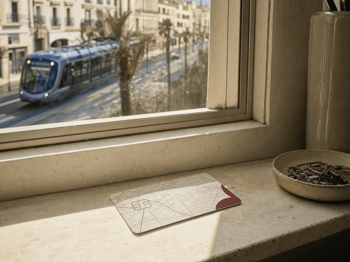 Une carte de transport plastifiée posée sur le rebord d'une fenêtre ensoleillée, derrière laquelle on devine le flou d'un tramway bleu glissant le long d'une avenue méditerranéenne.