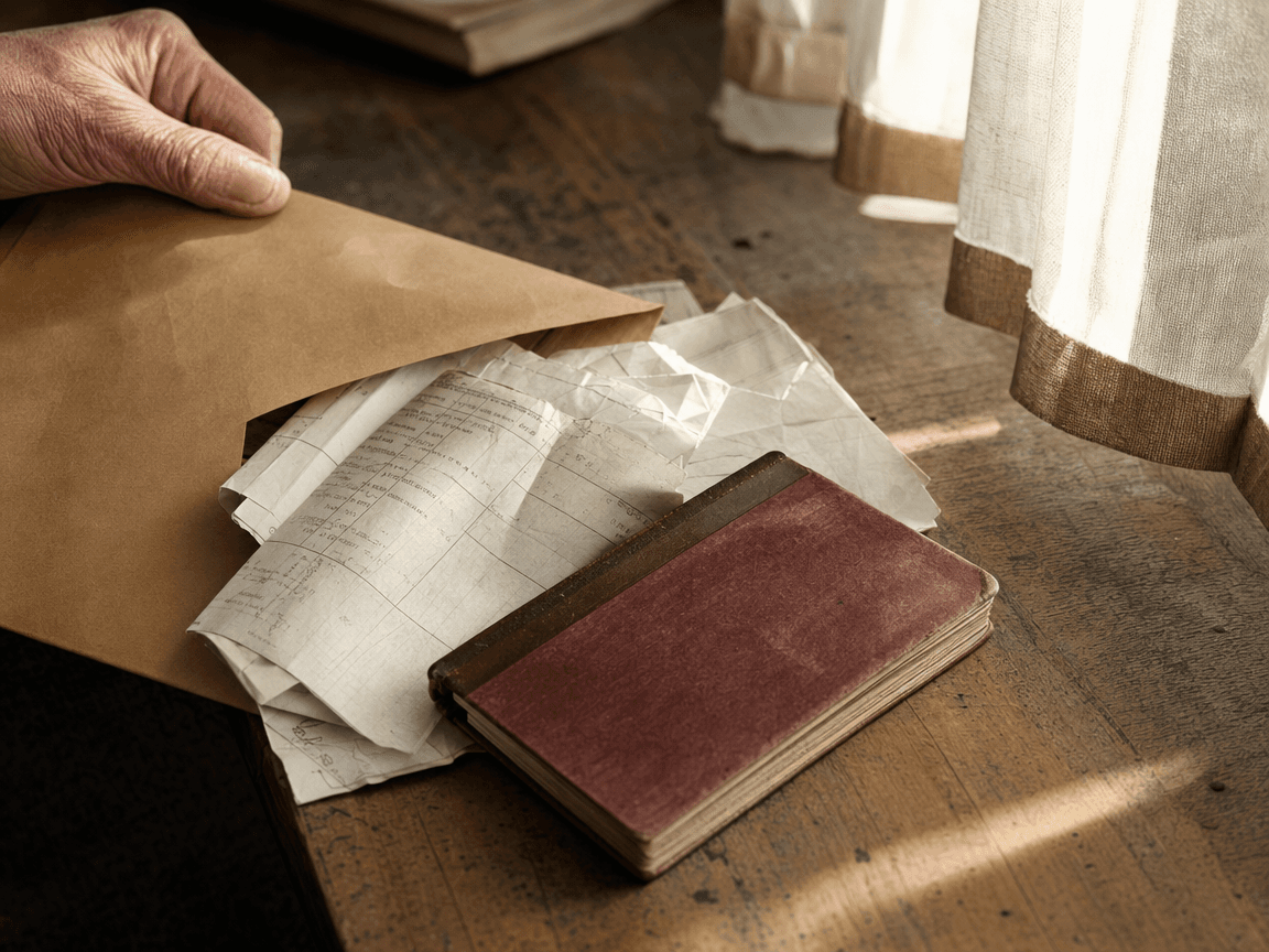 Sur une table en bois usé, une enveloppe kraft ouverte laisse glisser quelques feuillets administratifs froissés à côté d'un livret de caisse d'épargne ancien, baignés d'une lumière de fin d'après-midi qui traverse un rideau de coton blanc.