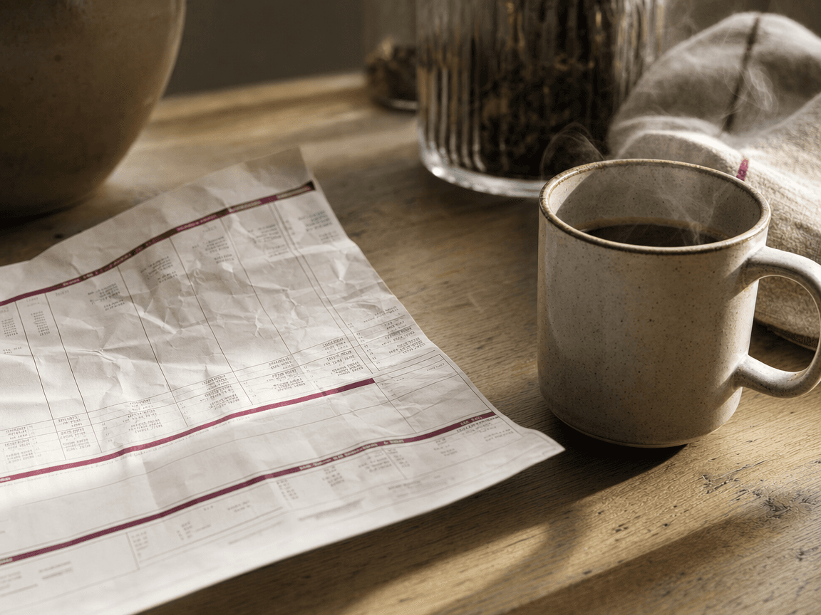 Une fiche de paie froissée posée sur une table de cuisine en bois clair, à côté d'une tasse de café encore fumante, photographiée en lumière rasante de fin de matinée.