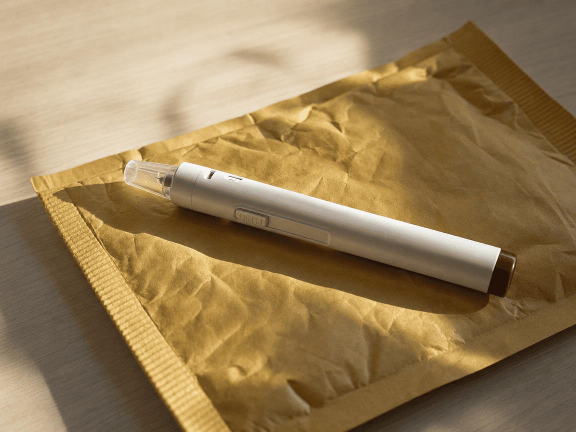 Un stylo auto-injecteur en plastique blanc posé sur une enveloppe matelassée dorée froissée, photographié en lumière rasante de fin d'après-midi sur une table en bois clair.