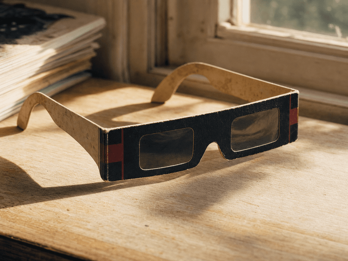 Une paire de lunettes d'éclipse aux verres sombres des années 1990, posée sur une table en bois clair près d'une fenêtre inondée de soleil, les branches légèrement voilées par le temps.
