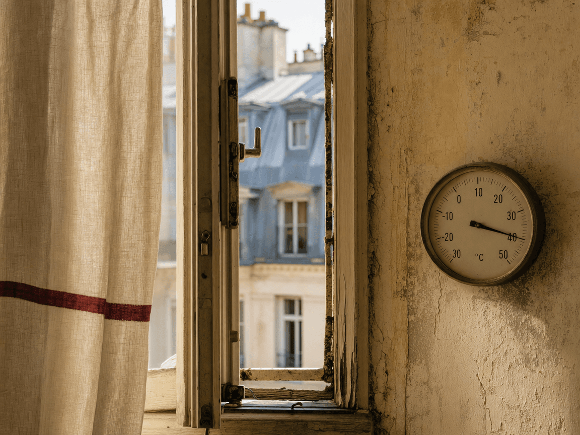 Une fenêtre entrouverte sur une cour intérieure parisienne baignée d'une lumière blanche et écrasante, un thermomètre à cadran fixé au mur de crépi jauni affichant 40 °C, un rideau de lin immobile dans l'air stagnant.