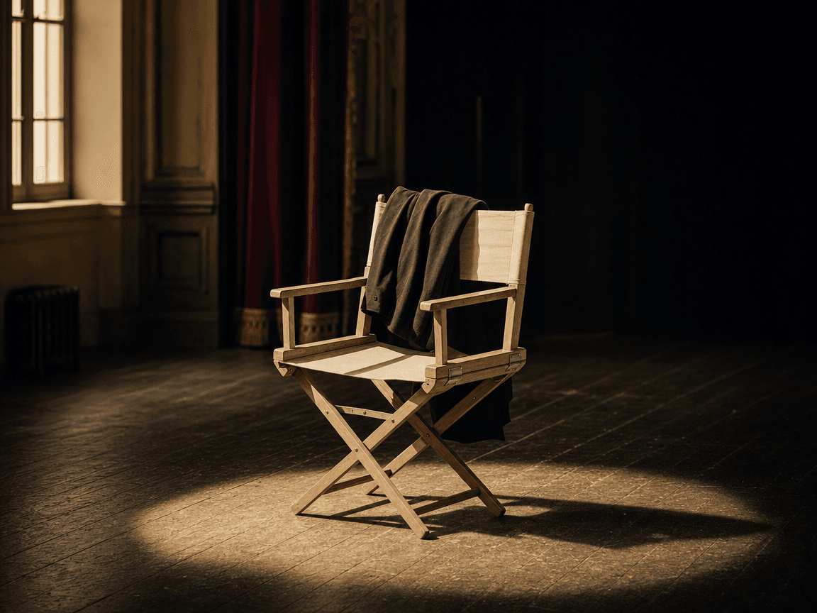 Une chaise de metteur en scène en toile beige, posée seule au centre d'une scène de théâtre vide, éclairée par un unique projecteur qui découpe un cercle de lumière chaude sur les planches sombres, le dossier portant encore l'empreinte d'un costume sombre jeté là.