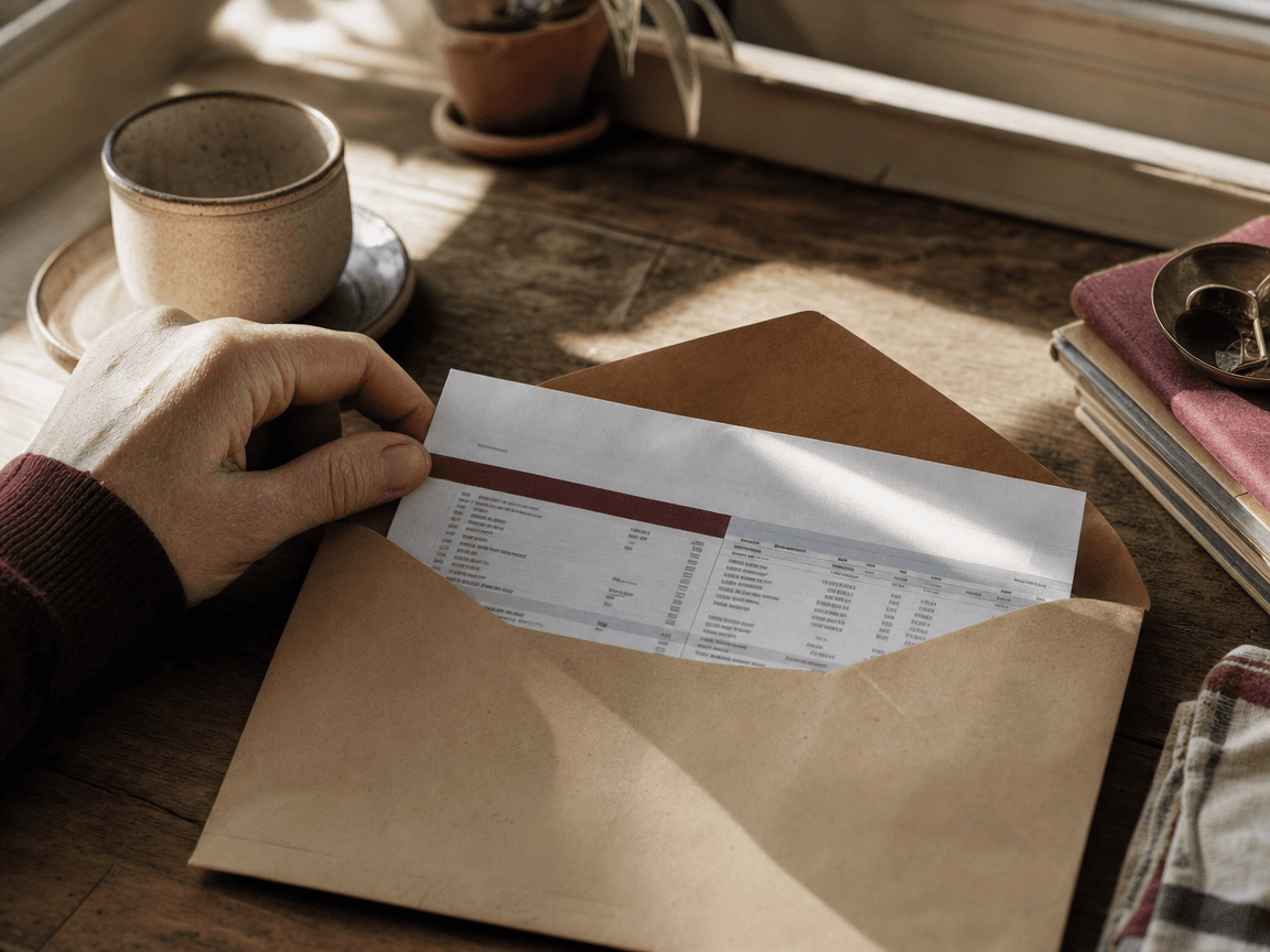 Une enveloppe kraft ouverte sur une table en bois usé, un relevé bancaire à moitié sorti, éclairé par la lumière rasante d'une fenêtre de cuisine en fin de matinée.