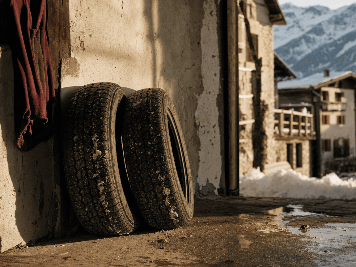 Une paire de pneus hiver appuyée contre le mur d'un garage de village alpin, photographiée en lumière rasante de fin d'après-midi, leurs sculptures encore incrustées de terre séchée et de neige fondue.