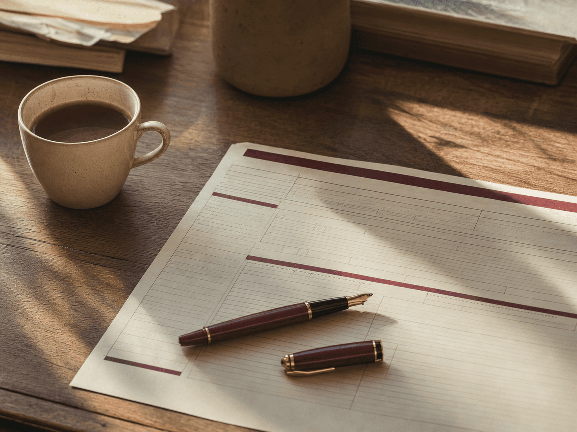 Une feuille de virement bancaire posée sur une table en bois ciré, à côté d'une tasse de café refroidie, dans la lumière oblique d'une matinée d'automne.