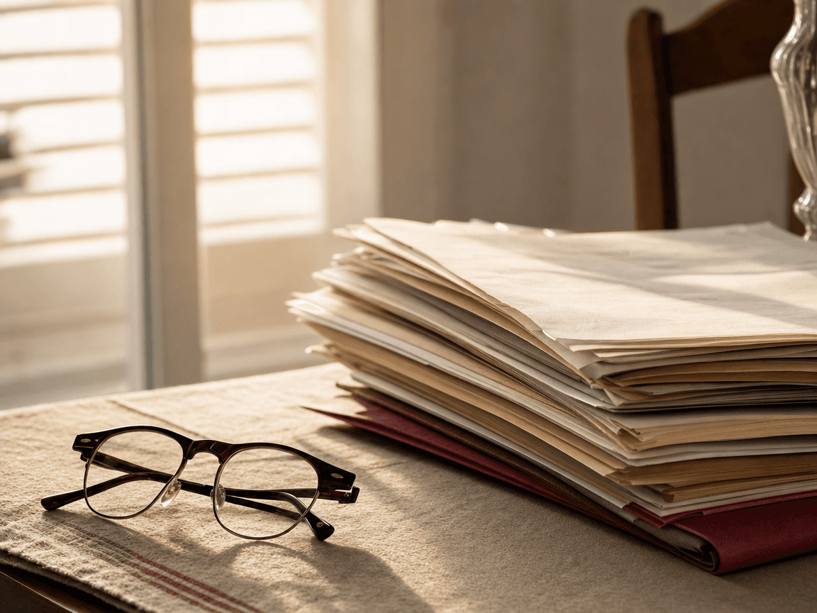 Une table de salle à manger modeste sur laquelle reposent, côte à côte, une liasse de documents administratifs cornés et une paire de lunettes de lecture, baignés d'une lumière de fin d'après-midi filtrant par une fenêtre aux volets mi-clos.