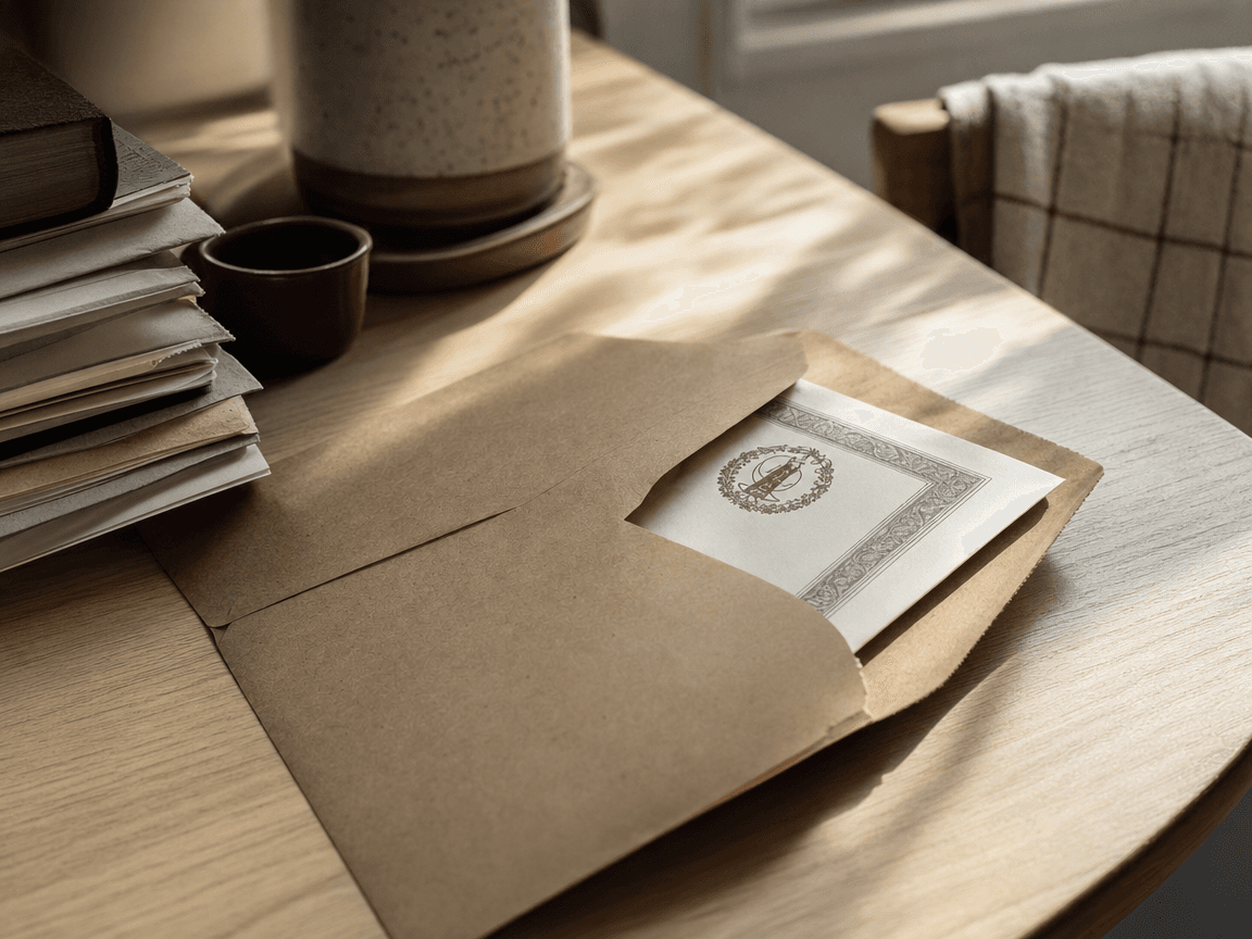 Une enveloppe kraft posée sur une table en bois clair, partiellement ouverte, laissant dépasser le coin d'un document officiel tamponné, éclairée par la lumière rasante d'une fenêtre de cuisine en fin de matinée.
