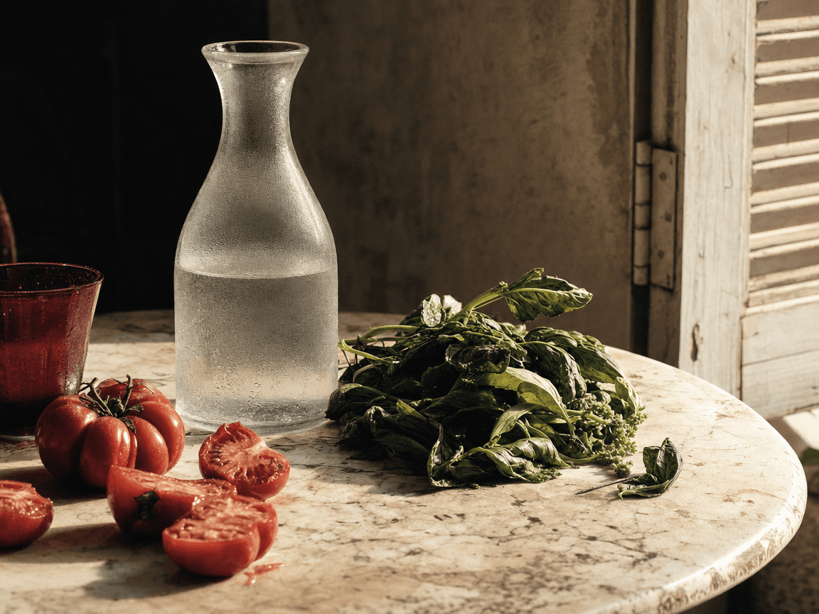 Une table en pierre à l'ombre d'un volet entrouvert, où reposent une carafe d'eau givrée, quelques tomates fendues et un bouquet de basilic froissé, dans une lumière de début d'après-midi qui blanchit les bords du marbre.