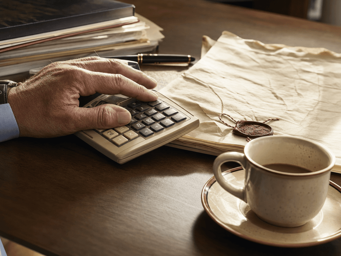 Une main posée sur une calculatrice ancienne, à côté d'un acte notarié froissé et d'une tasse de café refroidie, sur un bureau en bois sombre éclairé par la lumière oblique d'une fin d'après-midi.