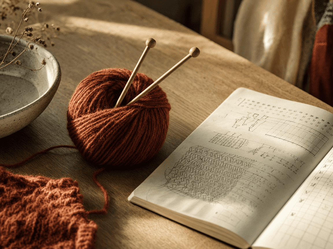 Pelote de laine mérinos couleur rouille posée sur une table en chêne clair, aiguilles fichées dedans, à côté d'un carnet ouvert couvert de schémas de points, lumière de fin d'après-midi rasant la surface.