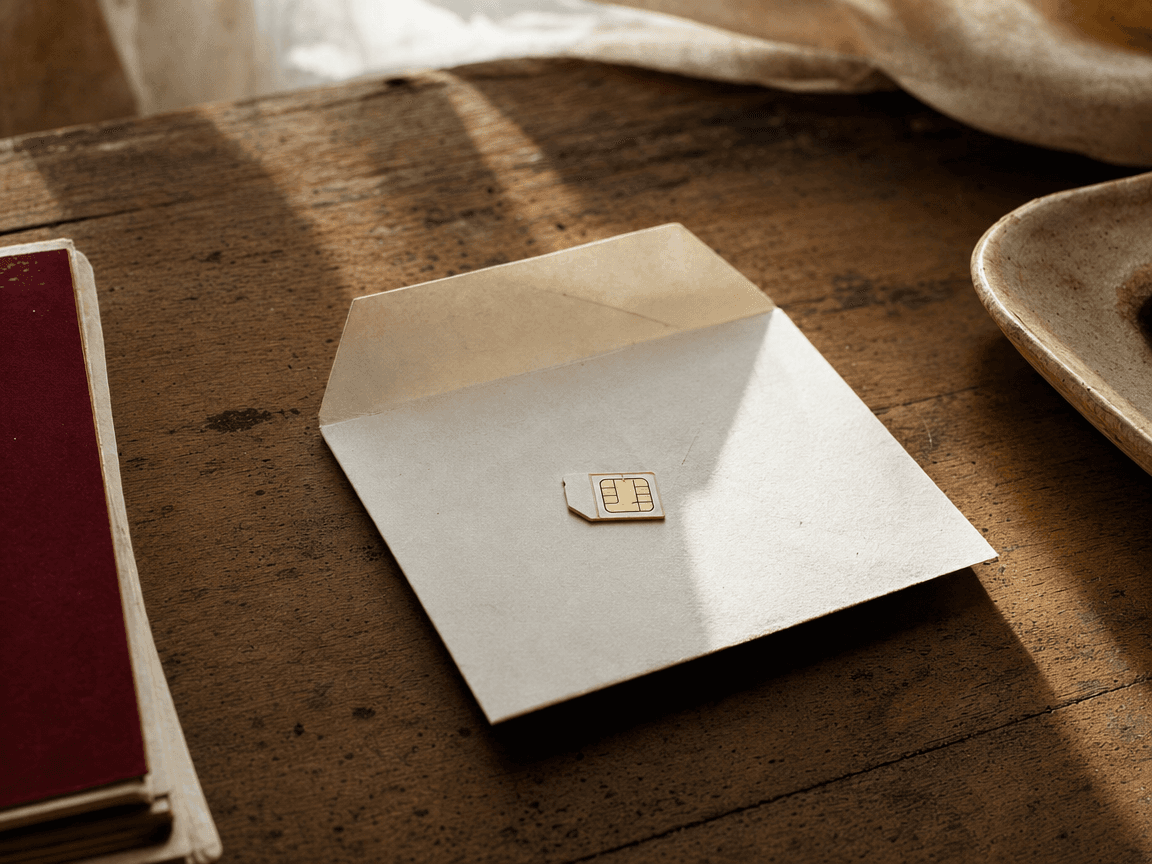Une carte SIM posée sur une enveloppe ouverte, éclairée par la lumière rasante d'une fenêtre, sur une table en bois usé.