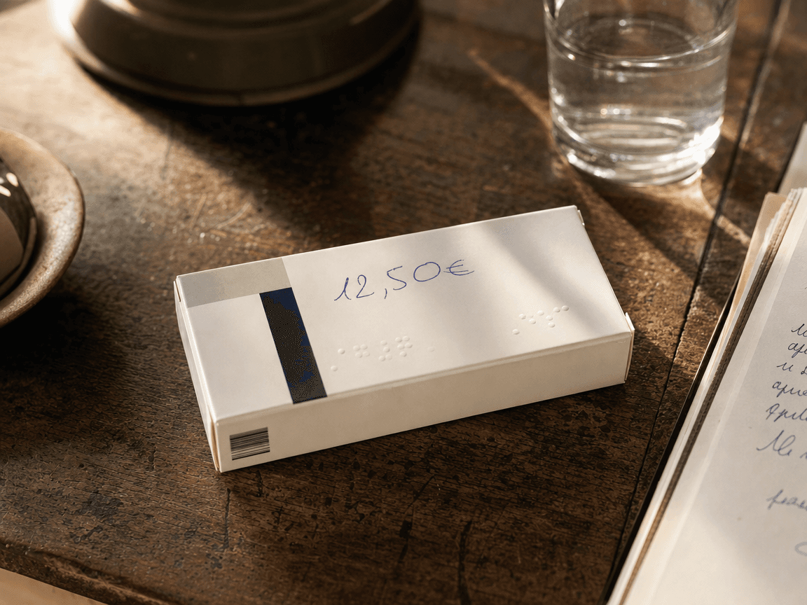 Une boîte de médicaments générique posée sur une table en bois usé, éclairée en lumière rasante de fin d'après-midi, son prix au stylo bille inscrit à la main sur l'emballage blanc.