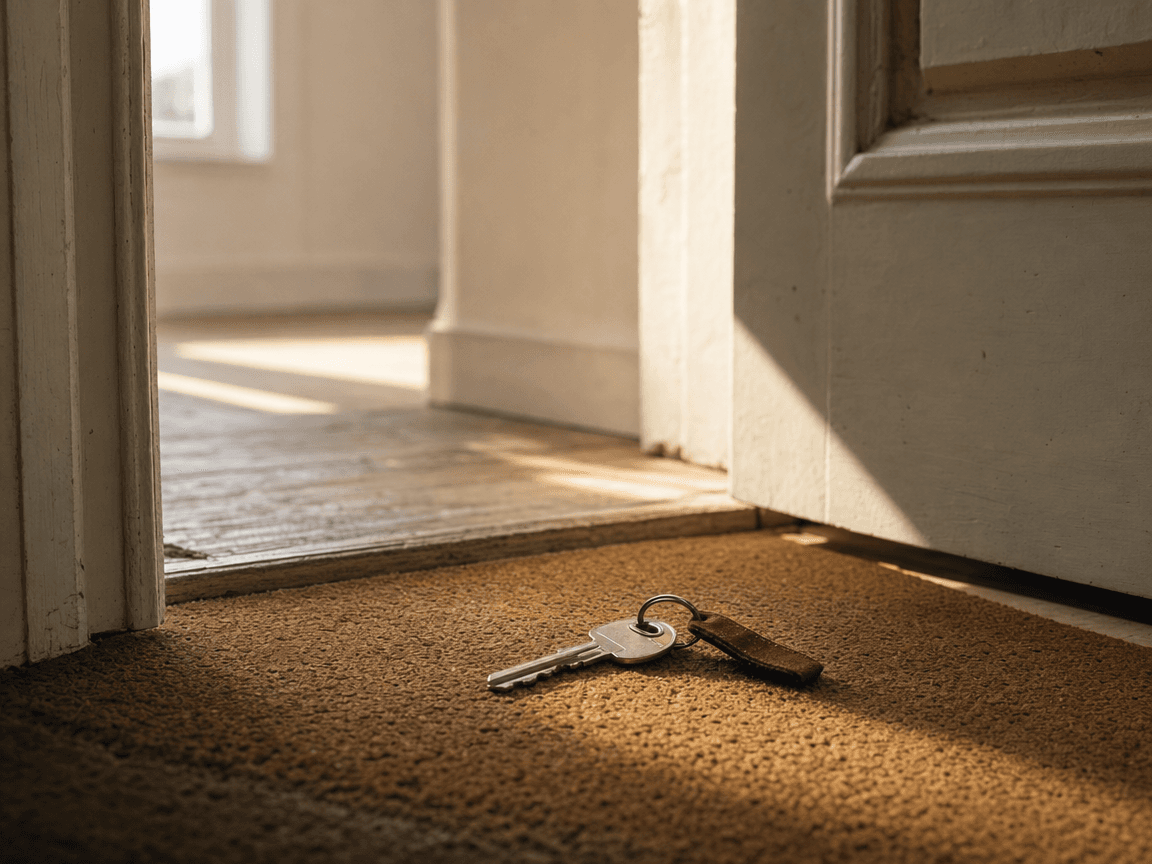 Une clé posée sur un paillasson de liège devant une porte entrouverte, dans la lumière oblique d'un couloir aux murs clairs, quelque part entre le familier et l'inconnu.