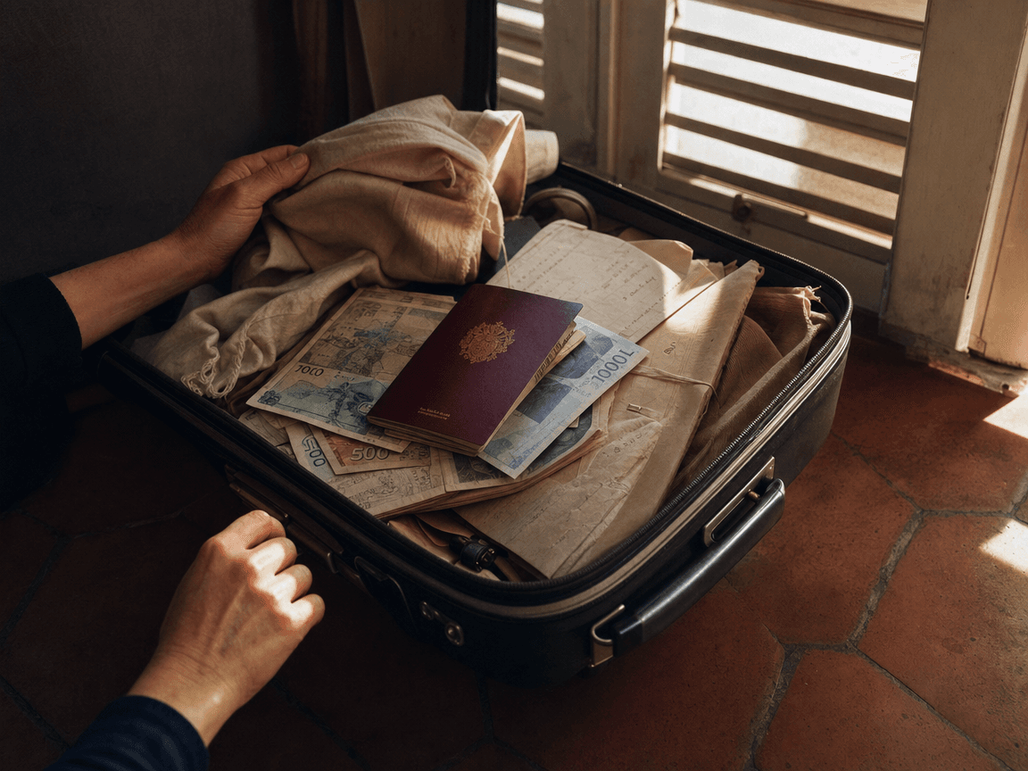 Une valise entrouverte sur un carrelage de tomettes, un passeport glissé entre deux billets de banque étrangers et une liasse de documents administratifs froissés, baignés d'une lumière de fin d'après-midi filtrant par des volets mi-clos.