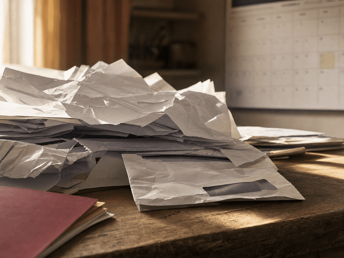 Une pile de courriers administratifs froissés posée sur une table en bois usée, traversée par un rai de lumière de fin d'après-midi, un calendrier mural flou en arrière-plan dont on distingue à peine le mois de septembre.