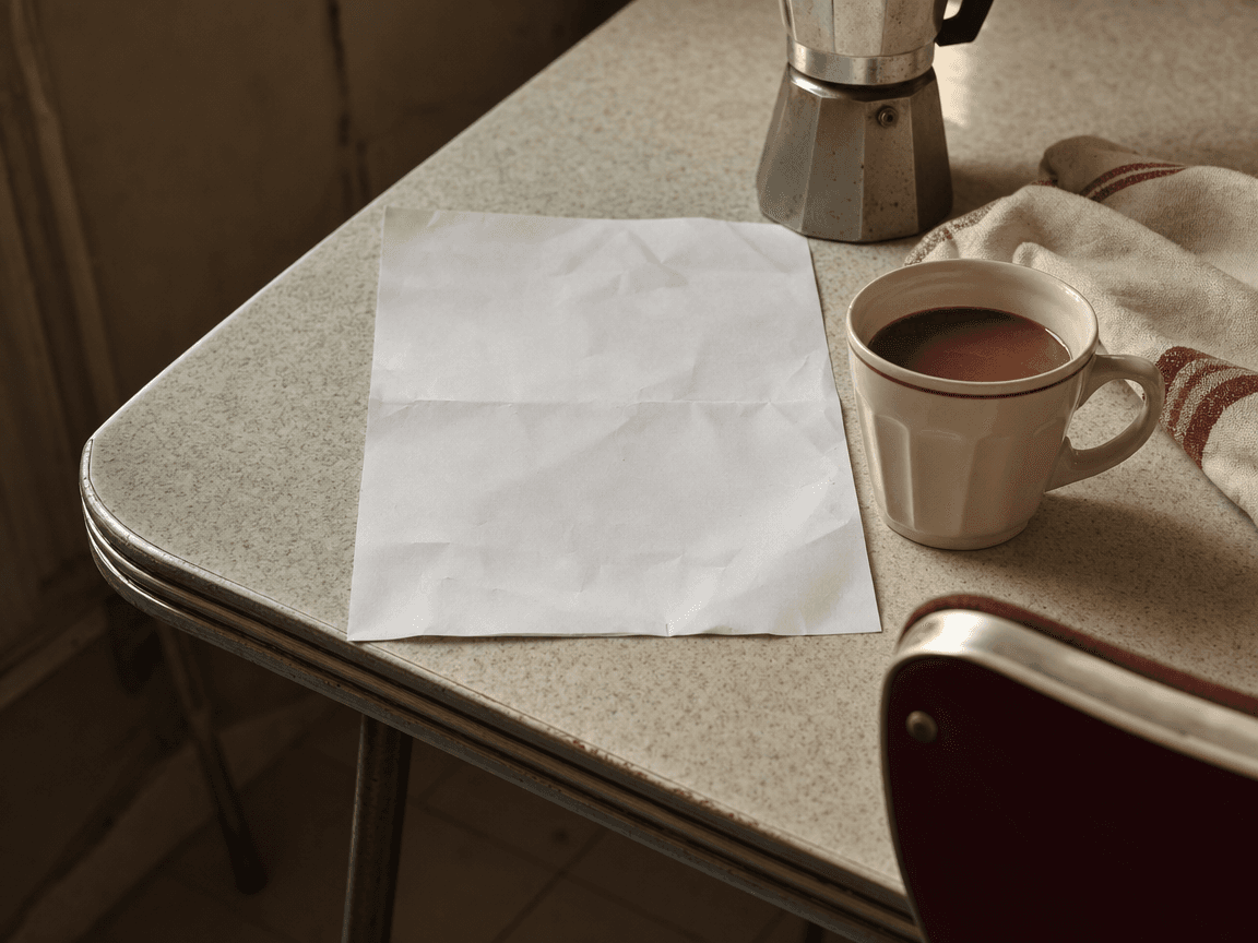 Une lettre administrative posée sur une table de cuisine en formica, froissée aux coins, à côté d'une tasse de café refroidie, dans la lumière grise d'un matin d'hiver.