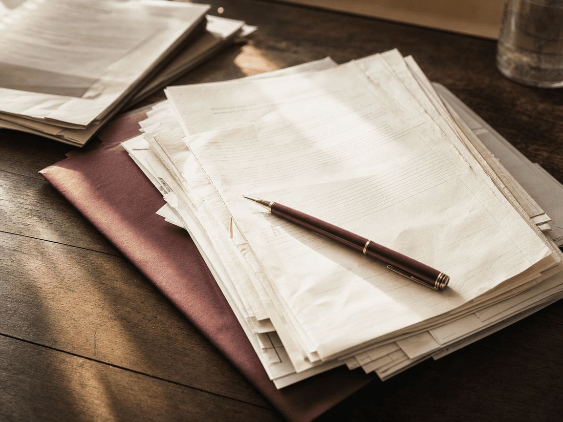 Une liasse de documents administratifs posée sur une table en bois, stylo abandonné en travers, lumière de fin d'après-midi rasant les pages froissées.
