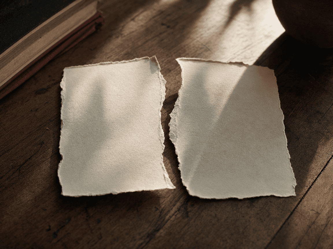 Une feuille de papier arrachée en deux, posée sur une table en bois brut, les deux moitiés légèrement écartées, photographiée en lumière rasante de fin d'après-midi.