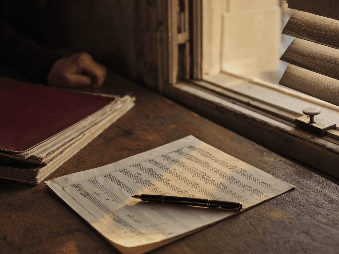 Une table en bois usé sur laquelle repose un relevé de points manuscrit, un stylo posé en travers, et la lumière oblique d'une fin d'après-midi d'octobre filtrant par une fenêtre mi-close.