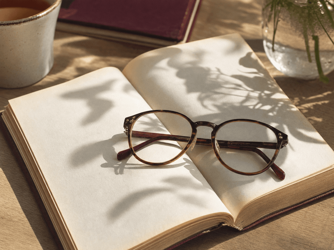Une paire de lunettes de lecture posée sur un exemplaire ouvert d'un roman de poche, sur une table en bois clair baignée d'une lumière d'après-midi dorée, l'ombre d'un feuillage tremblant sur la page.