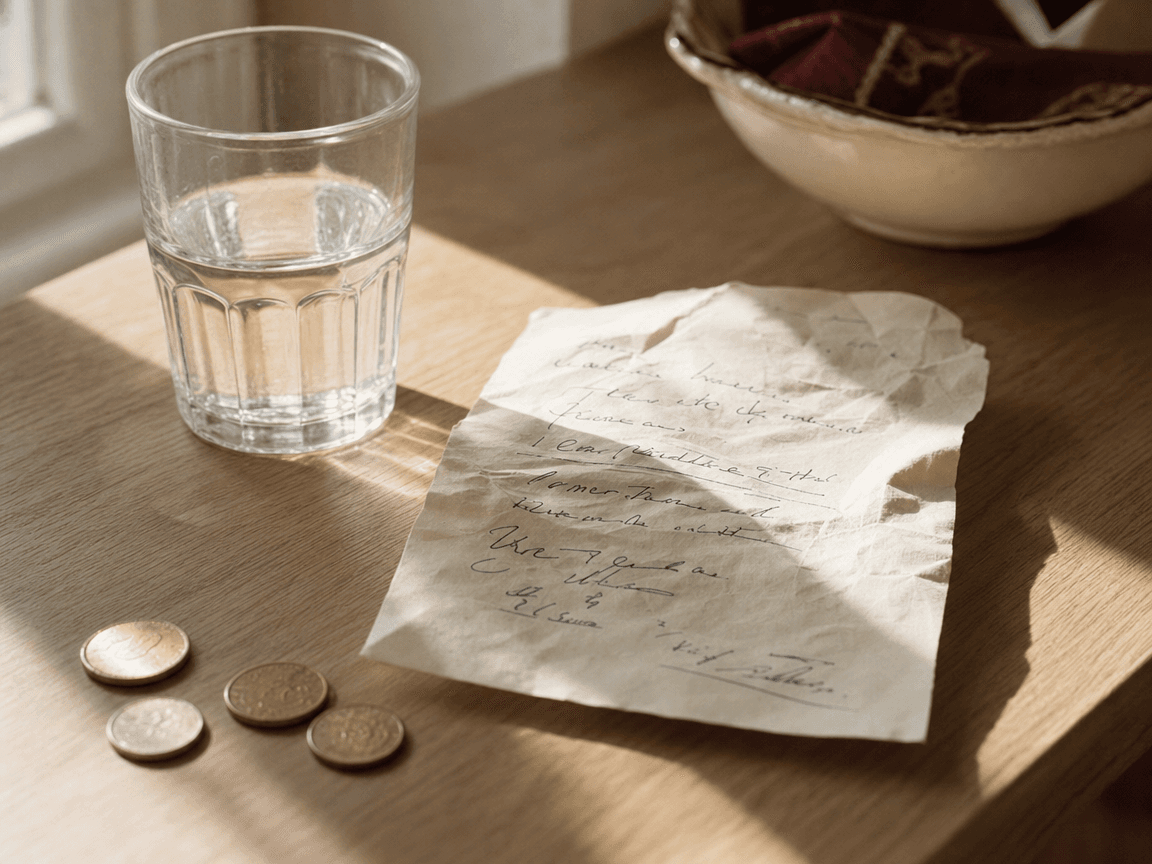 Une ordonnance manuscrite froissée posée sur une table en bois clair, à côté d'un verre d'eau et de quelques pièces de monnaie éparses, baignés dans la lumière oblique d'une fenêtre de cuisine en fin de matinée.