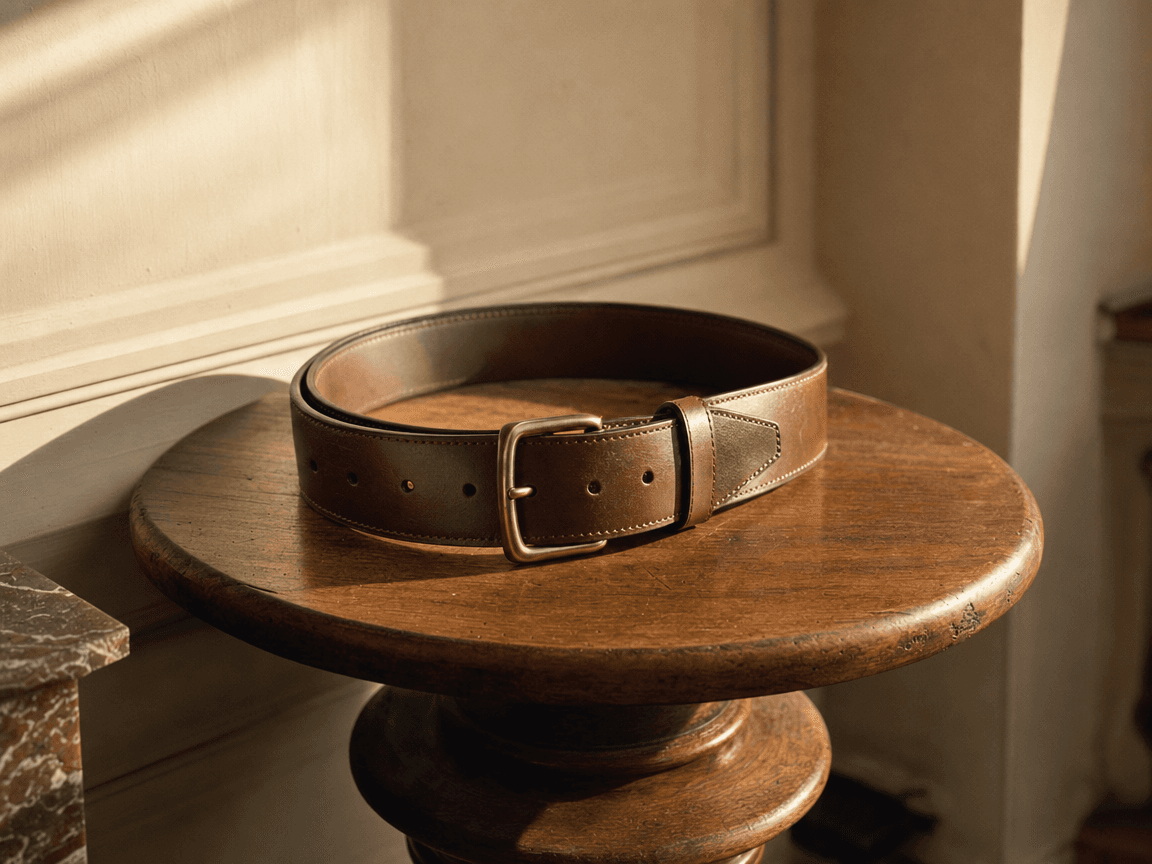 Une ceinture en cuir marron posée sur un guéridon en bois, bouclée au troisième cran, photographiée en lumière rasante de fin d'après-midi.