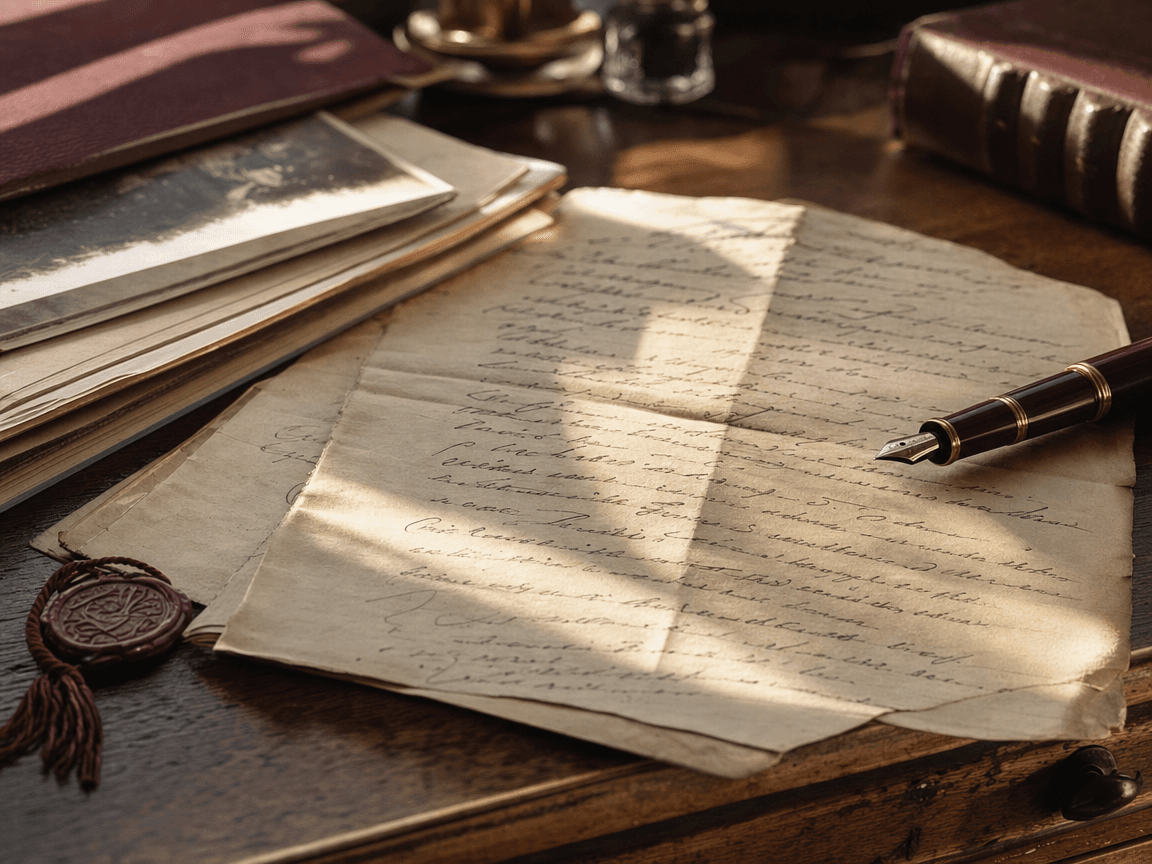 Une police d'assurance-vie manuscrite posée sur une table en bois sombre, stylo plume à côté, lumière de fin d'après-midi rasant le papier jauni.