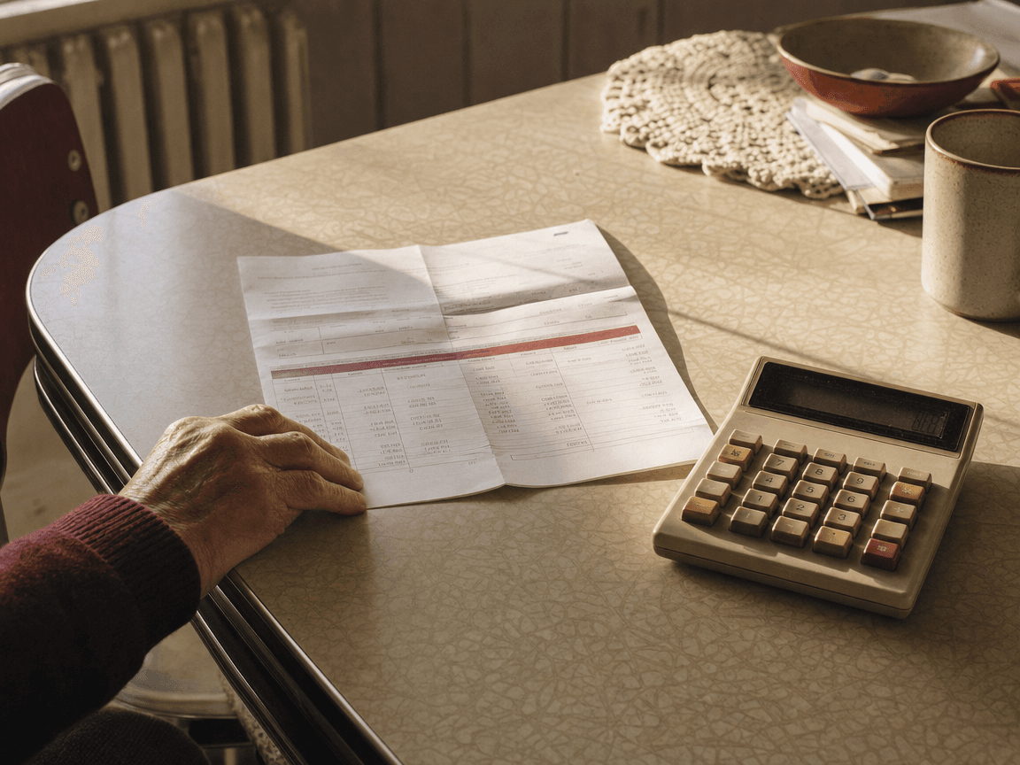 Une table de cuisine en formica usé, sur laquelle repose un relevé de pension plié en deux, à côté d'une calculette aux touches jaunies, baignés dans la lumière oblique d'une fin d'après-midi.