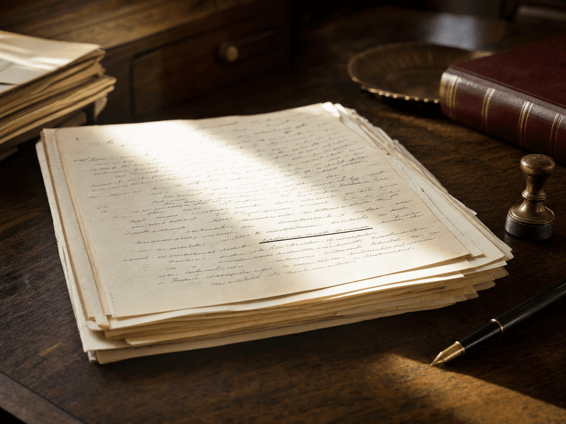 Une liasse de feuillets manuscrits jaunie par le temps, posée sur le bois sombre d'un bureau de notaire, traversée par un rai de lumière oblique qui fait ressortir une ligne soulignée au stylo noir.