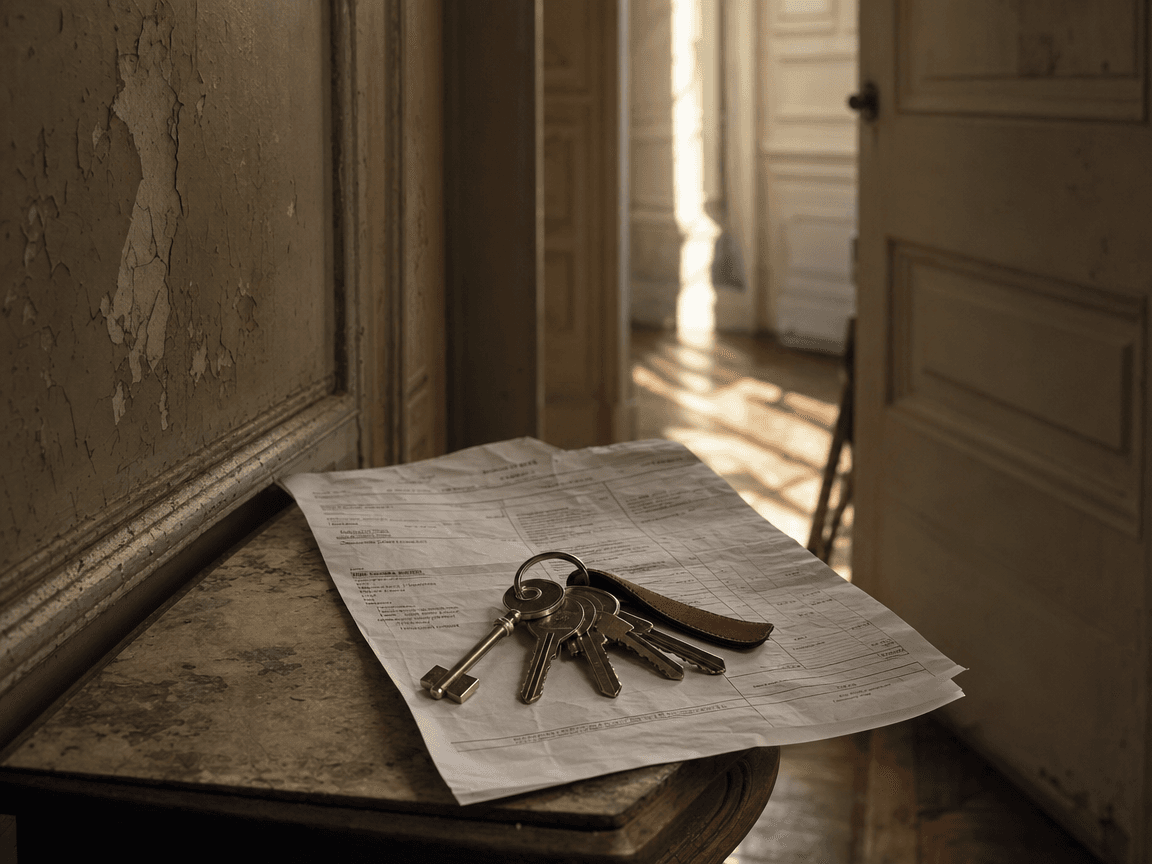 Un trousseau de clés posé sur un avis d'imposition froissé, dans la pénombre d'un couloir d'appartement haussmannien aux murs légèrement décrépis, lumière rasante de fin d'après-midi filtrant par une porte entrouverte.
