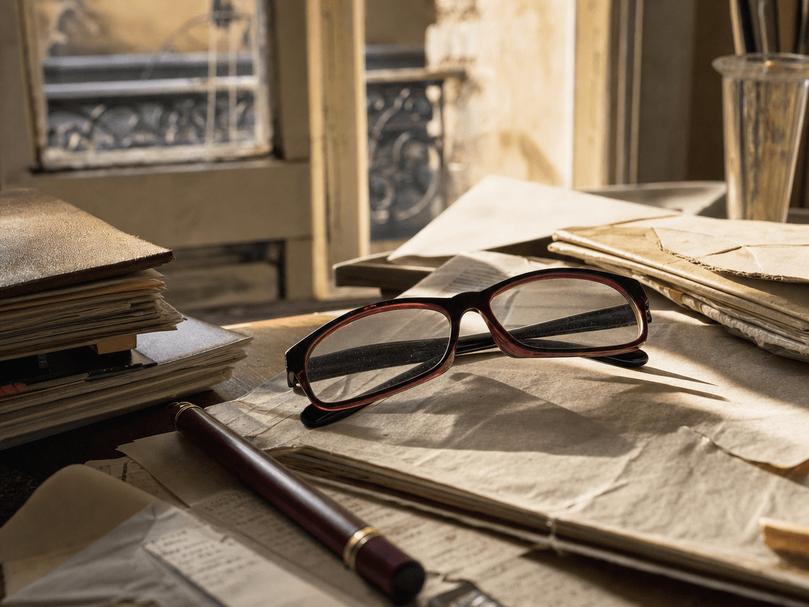 Une paire de lunettes de lecture posée sur un bureau encombré de papiers administratifs froissés, baignée d'une lumière dorée de fin d'après-midi filtrant par une fenêtre entrouverte.