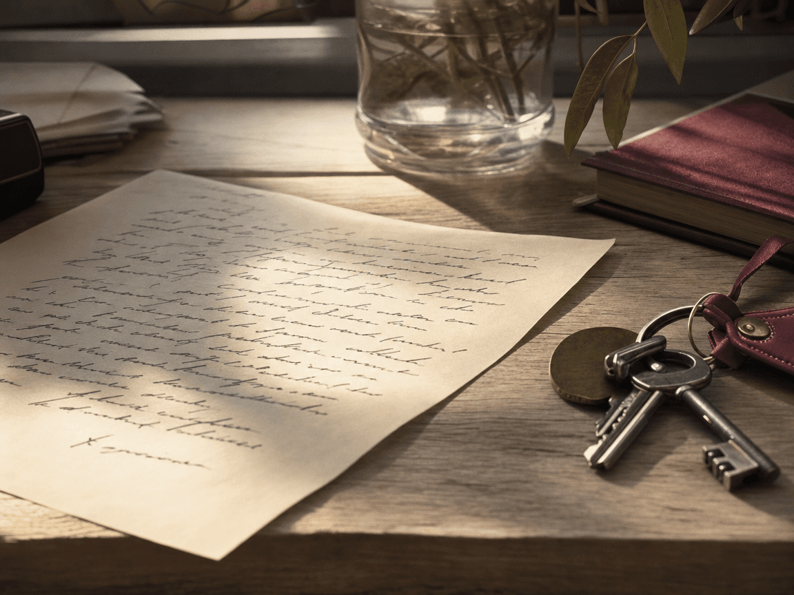 Une lettre de mission manuscrite posée sur une table en bois clair, à côté d'un trousseau de clés, dans la lumière oblique d'une fin de matinée d'été.