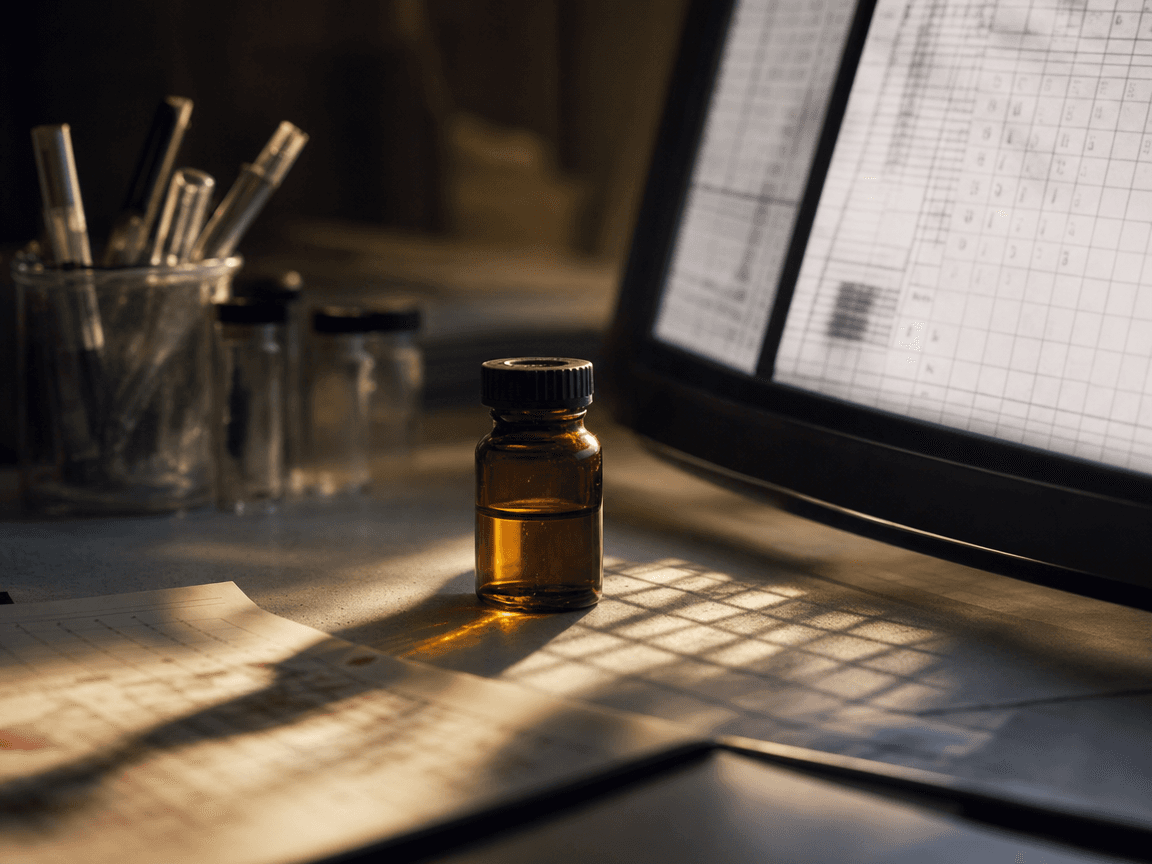 Une fiole de verre ambré posée sur une paillasse de laboratoire, éclairée en lumière rasante, reflétant en ombre portée la grille d'un écran d'ordinateur allumé dans la pénombre.