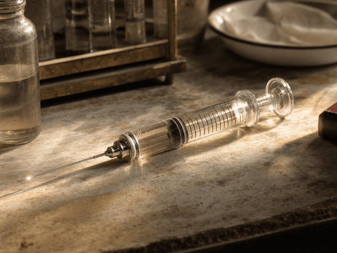 Une seringue en verre posée sur une paillasse de laboratoire, captée en contre-plongée légère, le piston tiré en arrière révélant un liquide translucide, baignée d'une lumière dorée de fin d'après-midi qui traverse une fenêtre hors champ et fait luire le métal de l'aiguille.