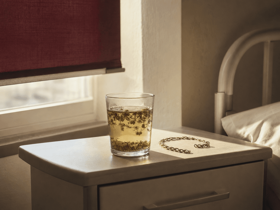 Une tasse de tisane froide, posée sur la tablette de chevet d'une chambre d'Ehpad, éclairée en fin d'après-midi par un rai de lumière oblique traversant un store à demi baissé, un bracelet doré oublié à côté.