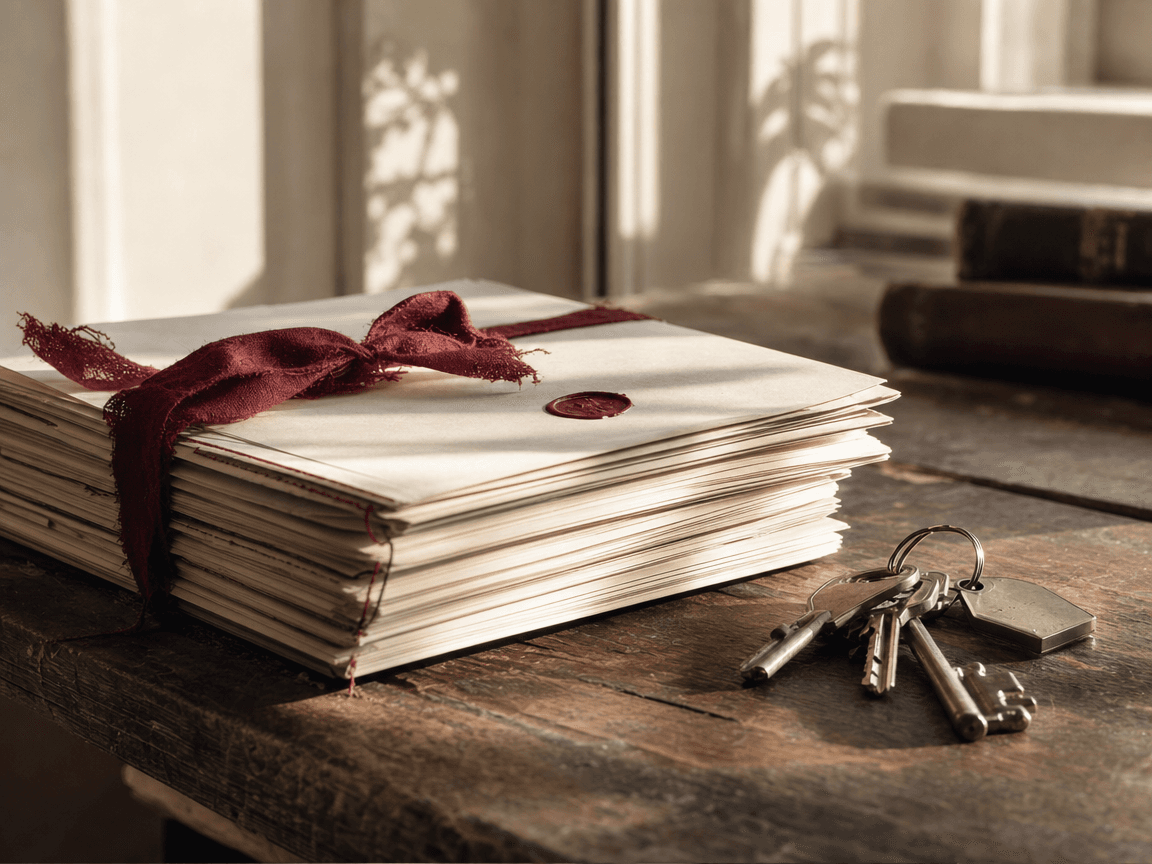 Une liasse de documents notariés posée sur une table en bois usé, à côté d'un trousseau de clés de maison, dans la lumière oblique d'une fin d'après-midi.